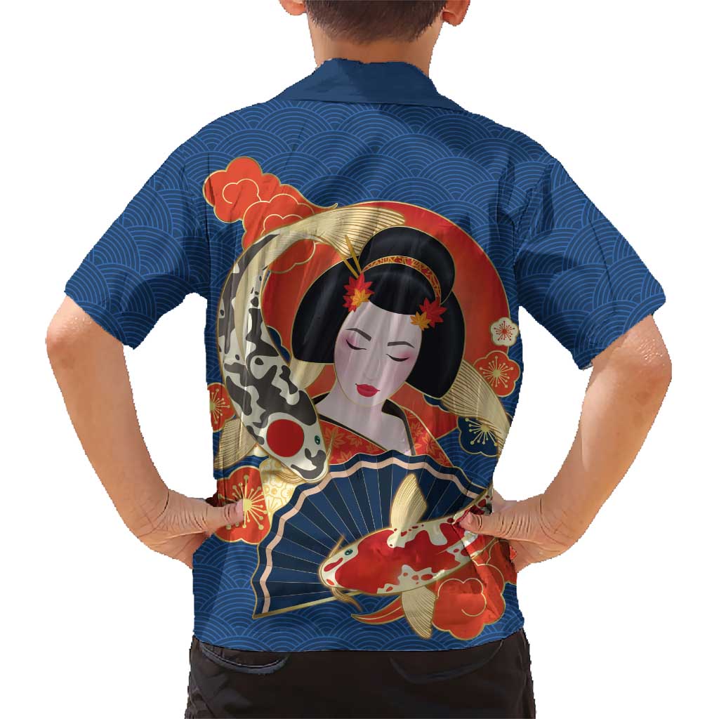Japanese Geisha Koi Fish Family Matching Tank Maxi Dress and Hawaiian Shirt Cherry Blossoms Blue Seigaiha Pattern - Polynesian Pride
