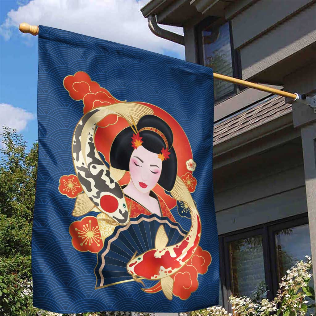 Japanese Geisha Koi Fish Garden Flag Cherry Blossoms Blue Seigaiha Pattern - Polynesian Pride