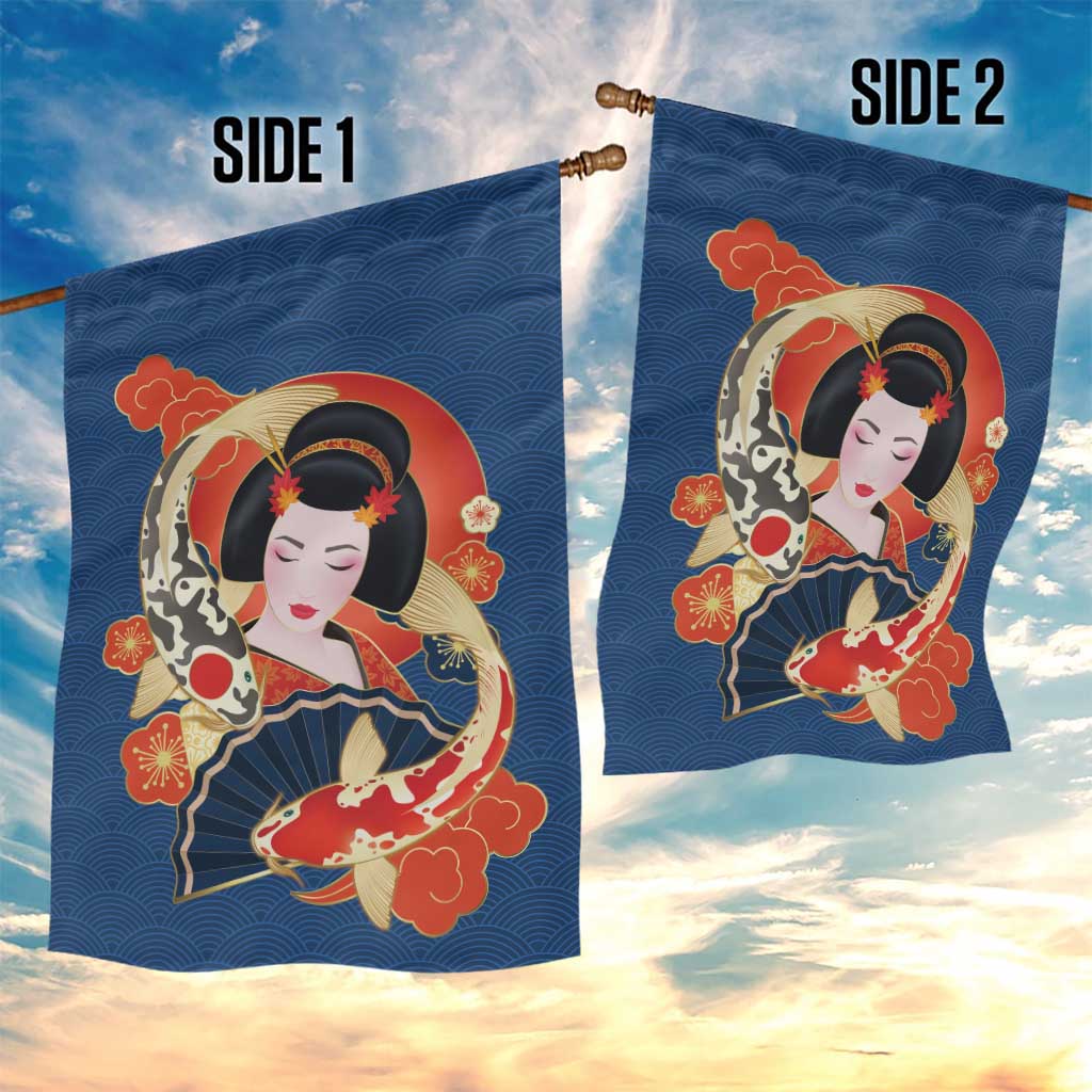 Japanese Geisha Koi Fish Garden Flag Cherry Blossoms Blue Seigaiha Pattern - Polynesian Pride