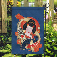 Japanese Geisha Koi Fish Garden Flag Cherry Blossoms Blue Seigaiha Pattern - Polynesian Pride
