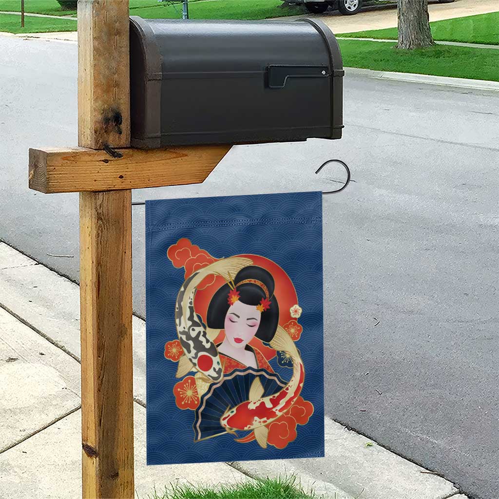 Japanese Geisha Koi Fish Garden Flag Cherry Blossoms Blue Seigaiha Pattern - Polynesian Pride