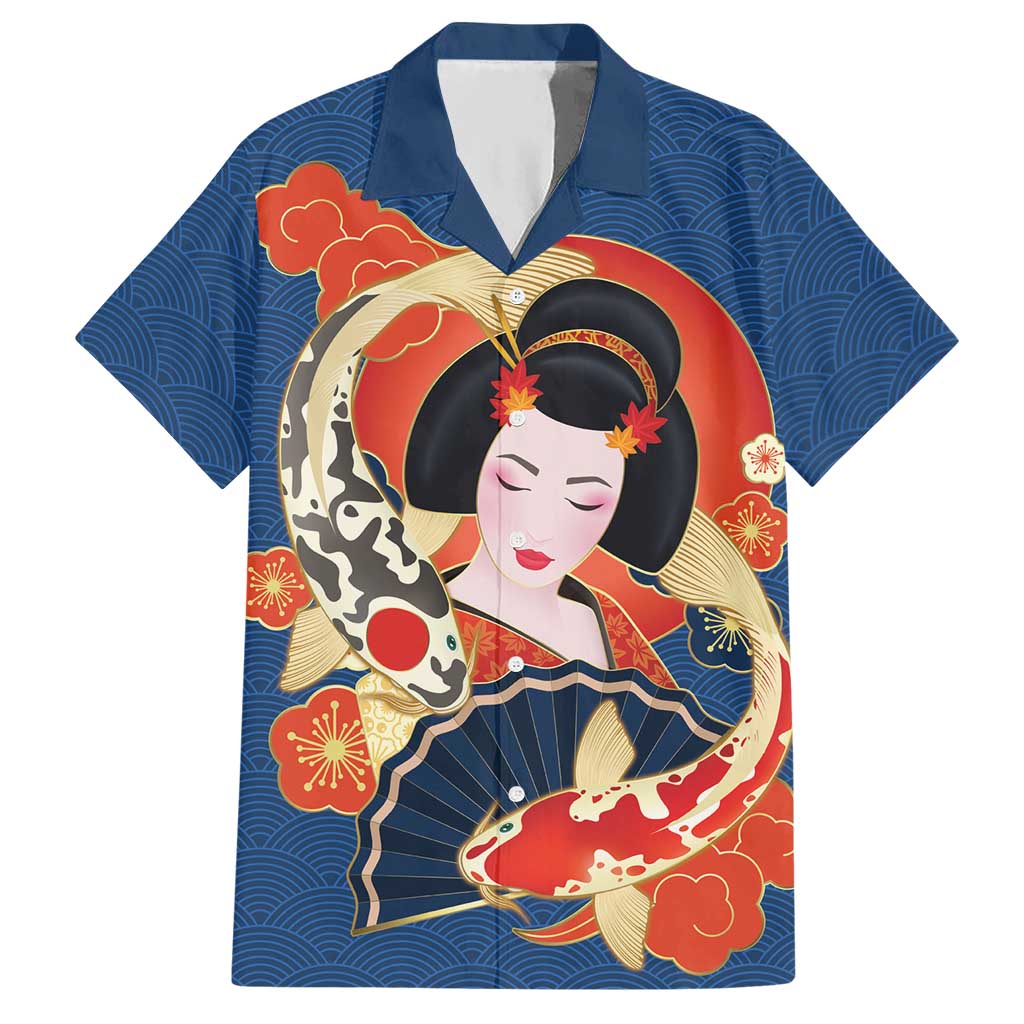 Japanese Geisha Koi Fish Hawaiian Shirt Cherry Blossoms Blue Seigaiha Pattern - Polynesian Pride