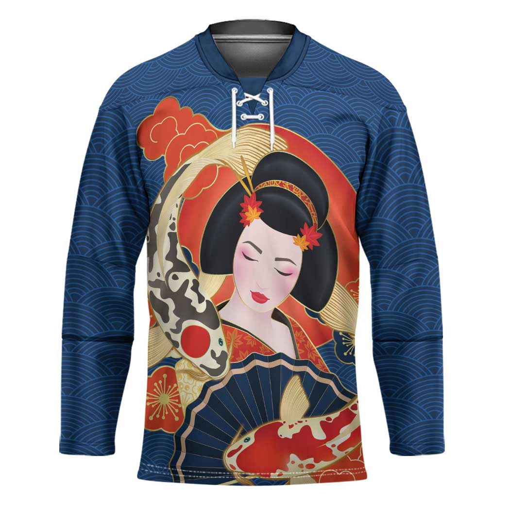 Japanese Geisha Koi Fish Hockey Jersey Cherry Blossoms Blue Seigaiha Pattern LT14 Unisex Blue - Polynesian Pride