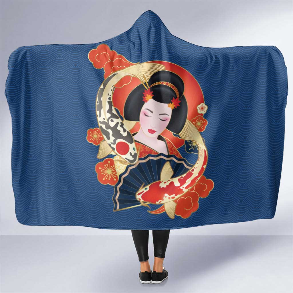 Japanese Geisha Koi Fish Hooded Blanket Cherry Blossoms Blue Seigaiha Pattern - Polynesian Pride