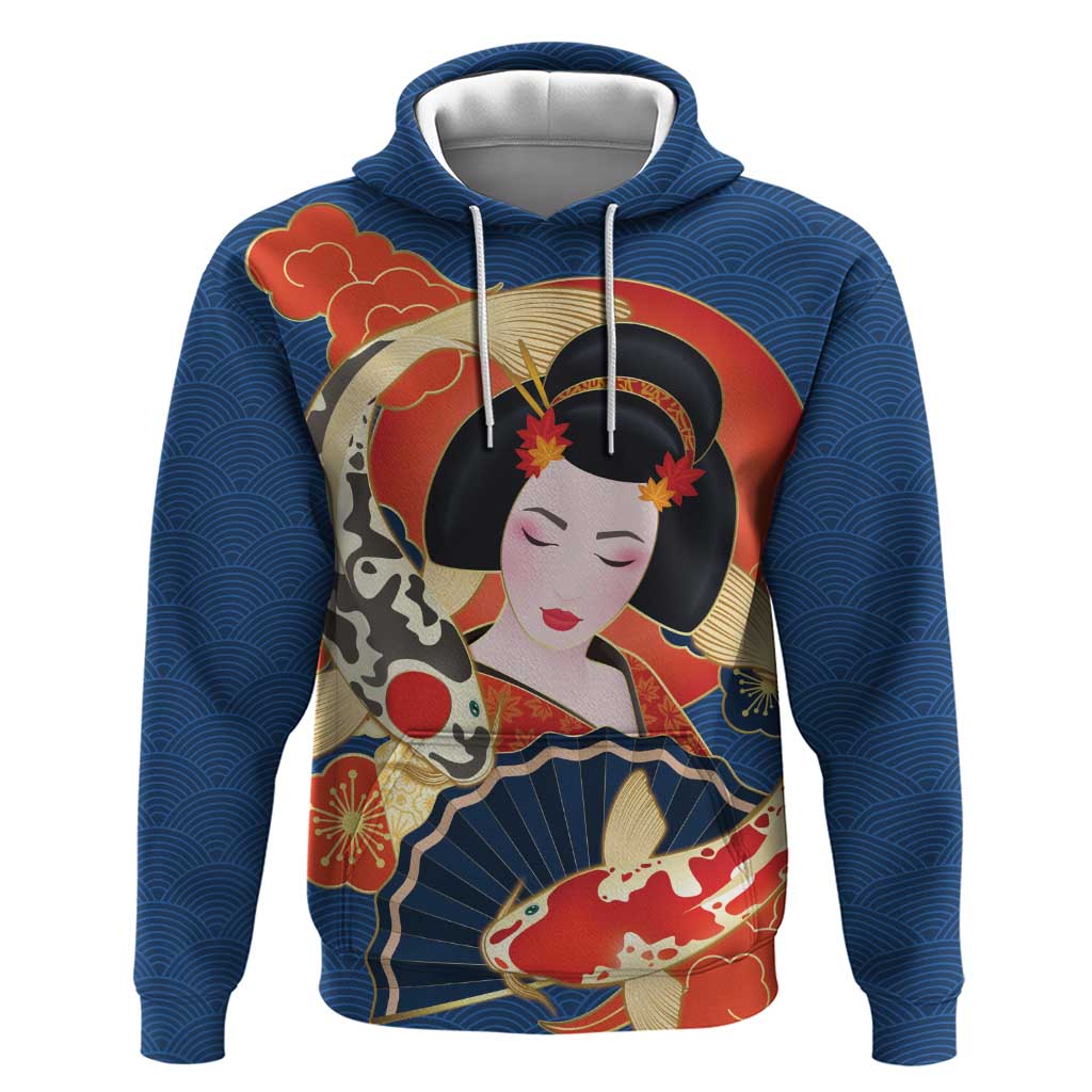 Japanese Geisha Koi Fish Hoodie Cherry Blossoms Blue Seigaiha Pattern - Polynesian Pride