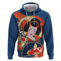 Japanese Geisha Koi Fish Hoodie Cherry Blossoms Blue Seigaiha Pattern - Polynesian Pride