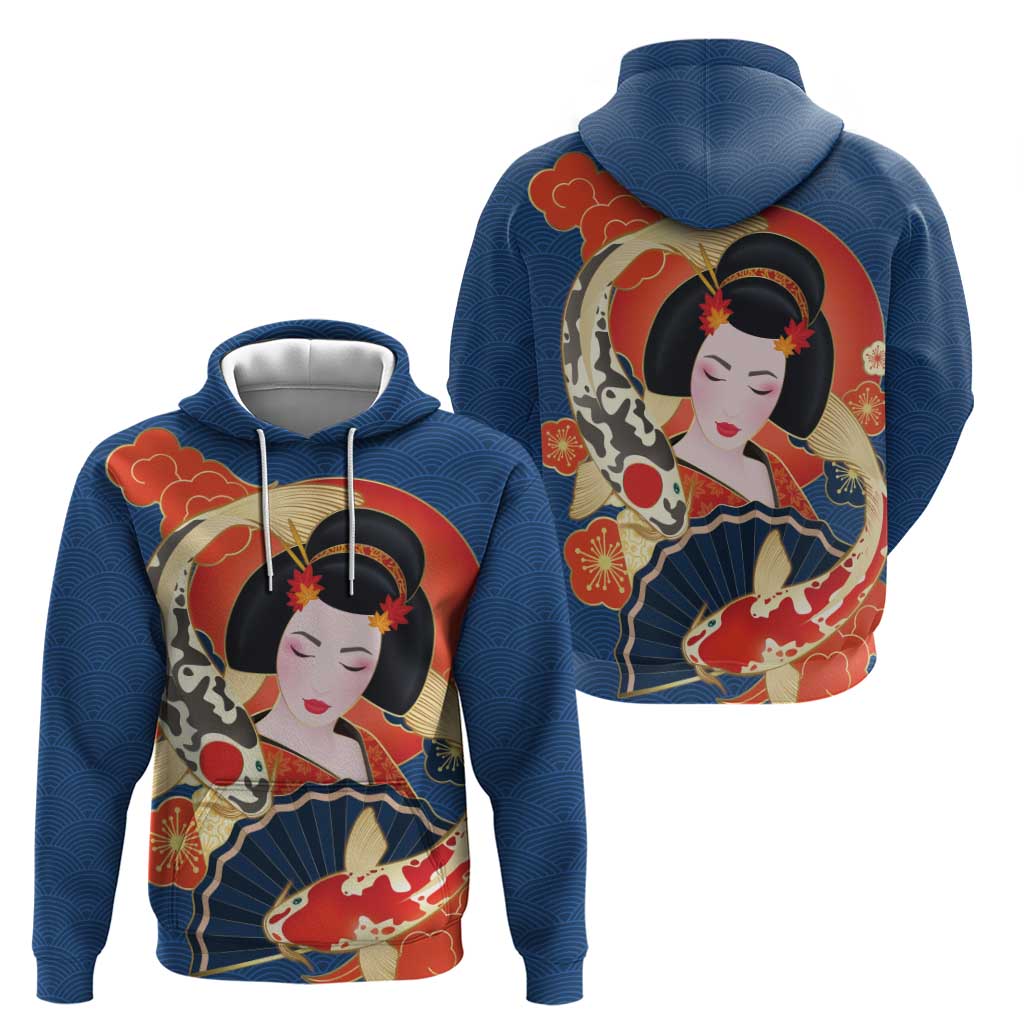 Japanese Geisha Koi Fish Hoodie Cherry Blossoms Blue Seigaiha Pattern - Polynesian Pride