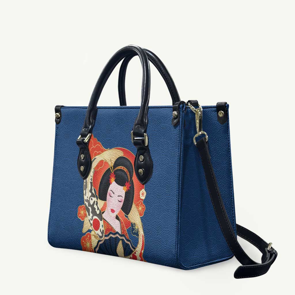 Japanese Geisha Koi Fish Leather Bag Cherry Blossoms Blue Seigaiha Pattern - Polynesian Pride
