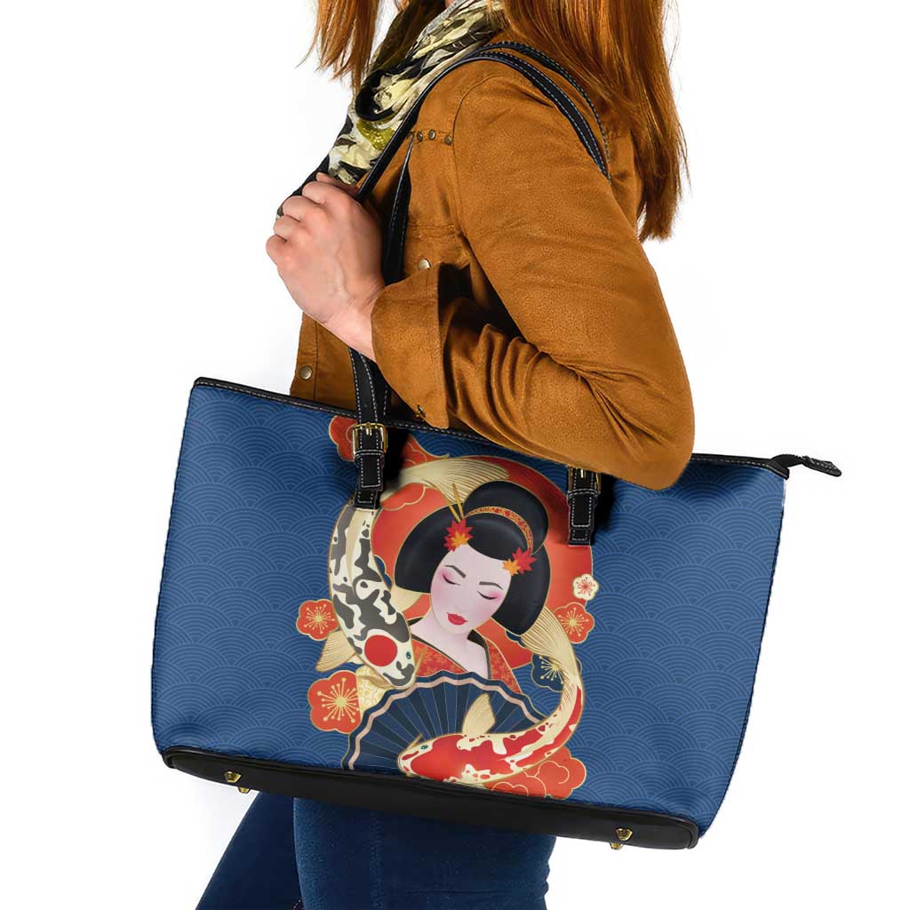 Japanese Geisha Koi Fish Leather Tote Bag Cherry Blossoms Blue Seigaiha Pattern - Polynesian Pride
