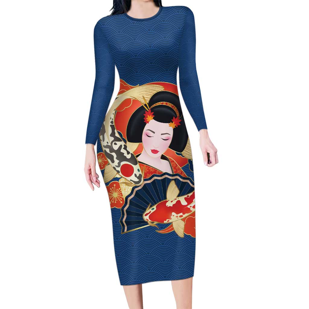 Japanese Geisha Koi Fish Long Sleeve Bodycon Dress Cherry Blossoms Blue Seigaiha Pattern LT14 Long Dress Blue - Polynesian Pride