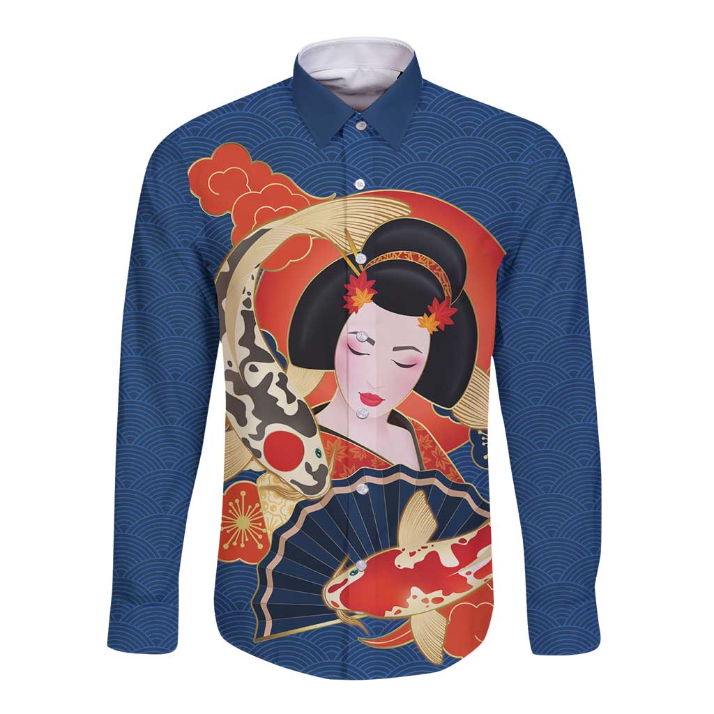 Japanese Geisha Koi Fish Long Sleeve Button Shirt Cherry Blossoms Blue Seigaiha Pattern - Polynesian Pride