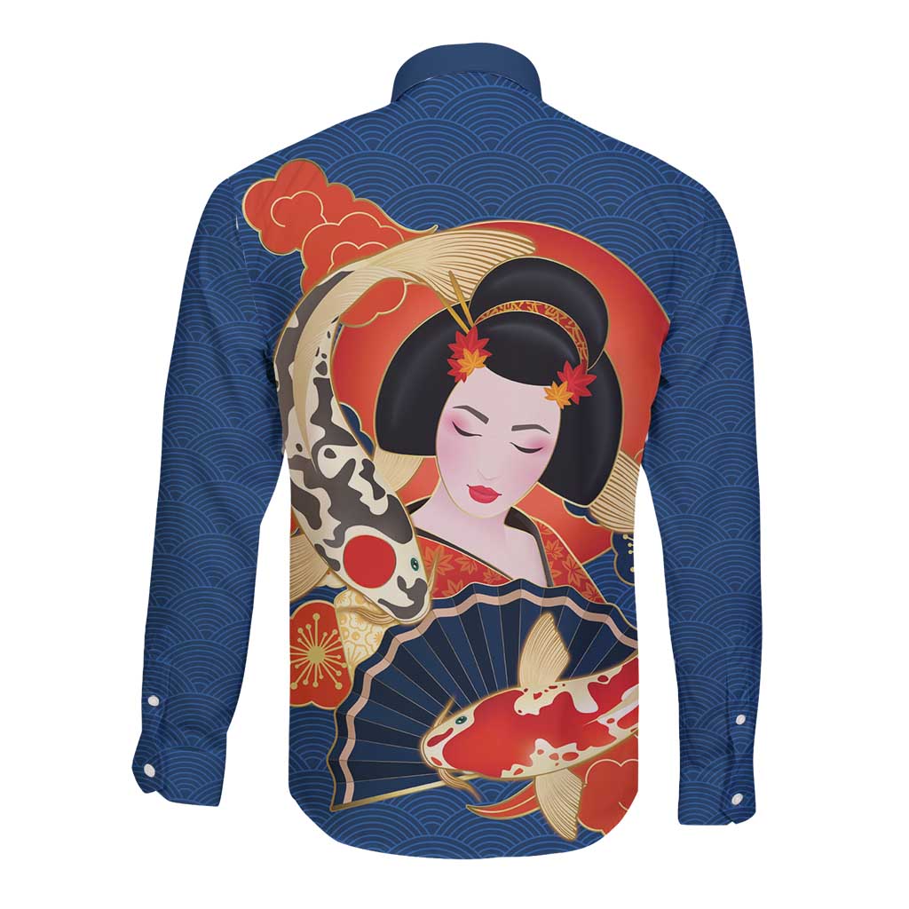 Japanese Geisha Koi Fish Long Sleeve Button Shirt Cherry Blossoms Blue Seigaiha Pattern - Polynesian Pride