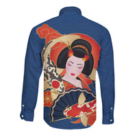 Japanese Geisha Koi Fish Long Sleeve Button Shirt Cherry Blossoms Blue Seigaiha Pattern - Polynesian Pride