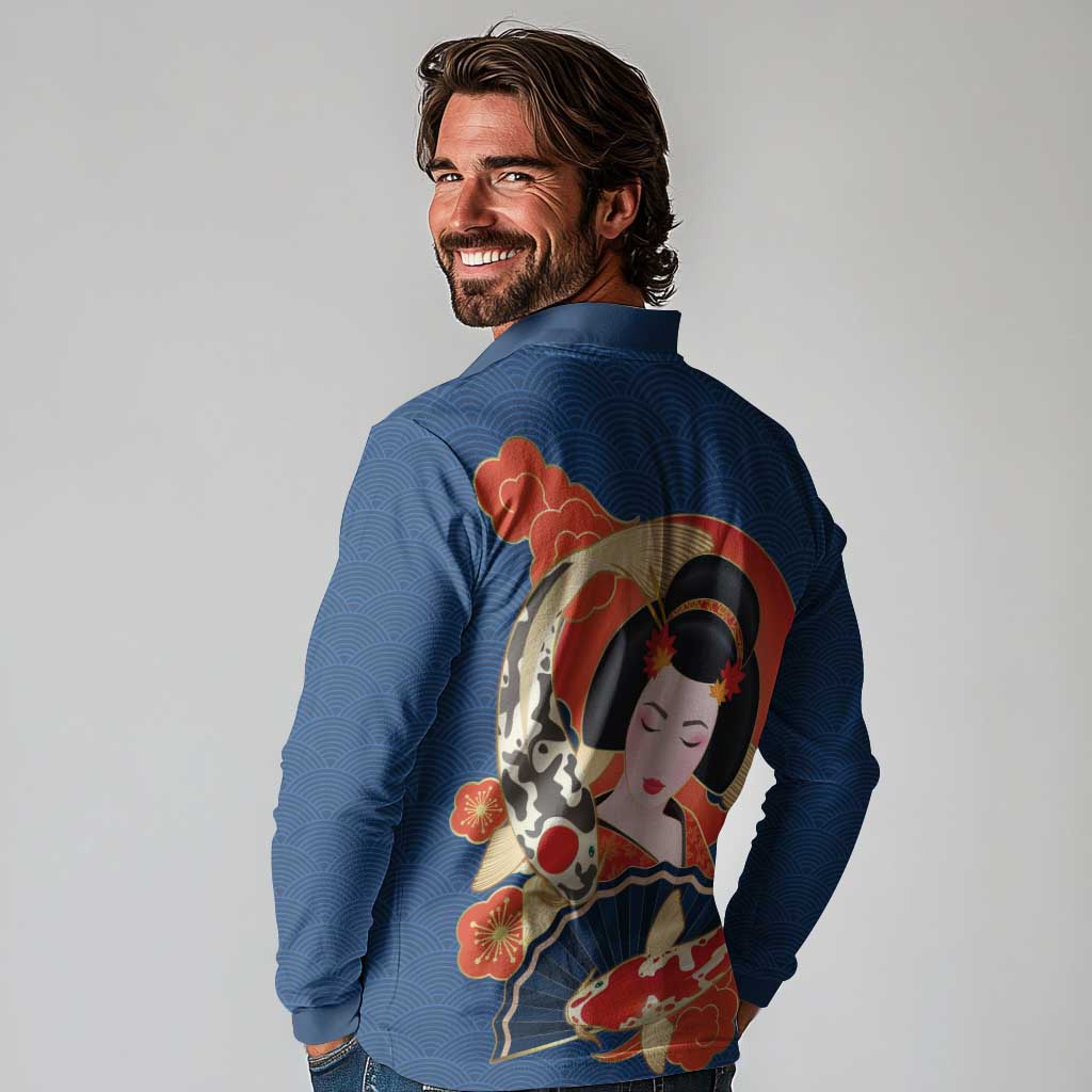 Japanese Geisha Koi Fish Long Sleeve Polo Shirt Cherry Blossoms Blue Seigaiha Pattern - Polynesian Pride