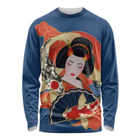 Japanese Geisha Koi Fish Long Sleeve Shirt Cherry Blossoms Blue Seigaiha Pattern LT14 Unisex Blue - Polynesian Pride