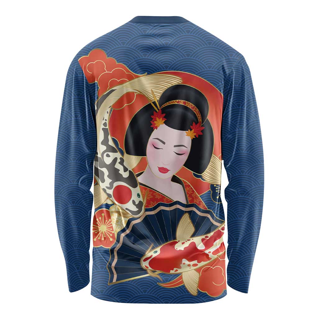 Japanese Geisha Koi Fish Long Sleeve Shirt Cherry Blossoms Blue Seigaiha Pattern LT14 - Polynesian Pride