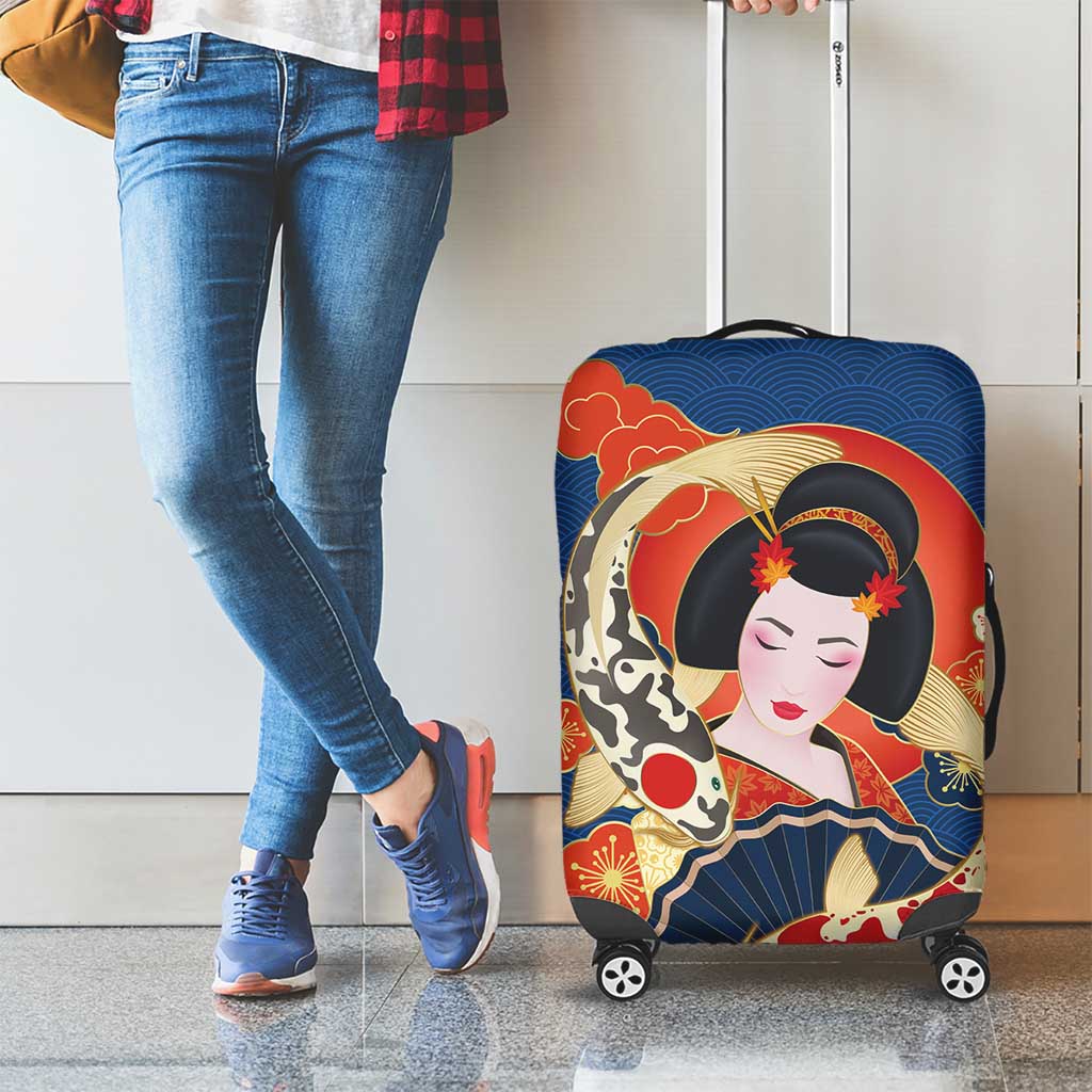 Japanese Geisha Koi Fish Luggage Cover Cherry Blossoms Blue Seigaiha Pattern - Polynesian Pride