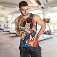 Japanese Geisha Koi Fish Men Tank Top Cherry Blossoms Blue Seigaiha Pattern - Polynesian Pride