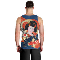Japanese Geisha Koi Fish Men Tank Top Cherry Blossoms Blue Seigaiha Pattern - Polynesian Pride