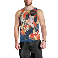 Japanese Geisha Koi Fish Men Tank Top Cherry Blossoms Blue Seigaiha Pattern - Polynesian Pride