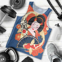 Japanese Geisha Koi Fish Men Tank Top Cherry Blossoms Blue Seigaiha Pattern - Polynesian Pride