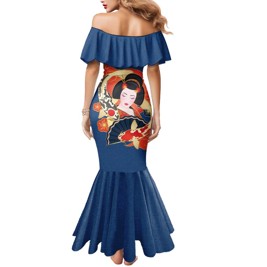 Japanese Geisha Koi Fish Mermaid Dress Cherry Blossoms Blue Seigaiha Pattern - Polynesian Pride