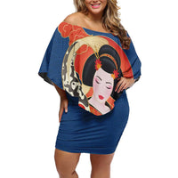 Japanese Geisha Koi Fish Off Shoulder Short Dress Cherry Blossoms Blue Seigaiha Pattern LT14 Women Blue - Polynesian Pride