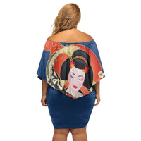 Japanese Geisha Koi Fish Off Shoulder Short Dress Cherry Blossoms Blue Seigaiha Pattern LT14 - Polynesian Pride