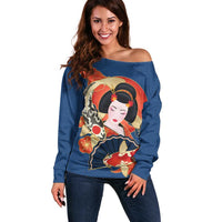 Japanese Geisha Koi Fish Off Shoulder Sweater Cherry Blossoms Blue Seigaiha Pattern LT14 Women Blue - Polynesian Pride