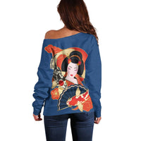 Japanese Geisha Koi Fish Off Shoulder Sweater Cherry Blossoms Blue Seigaiha Pattern LT14 - Polynesian Pride