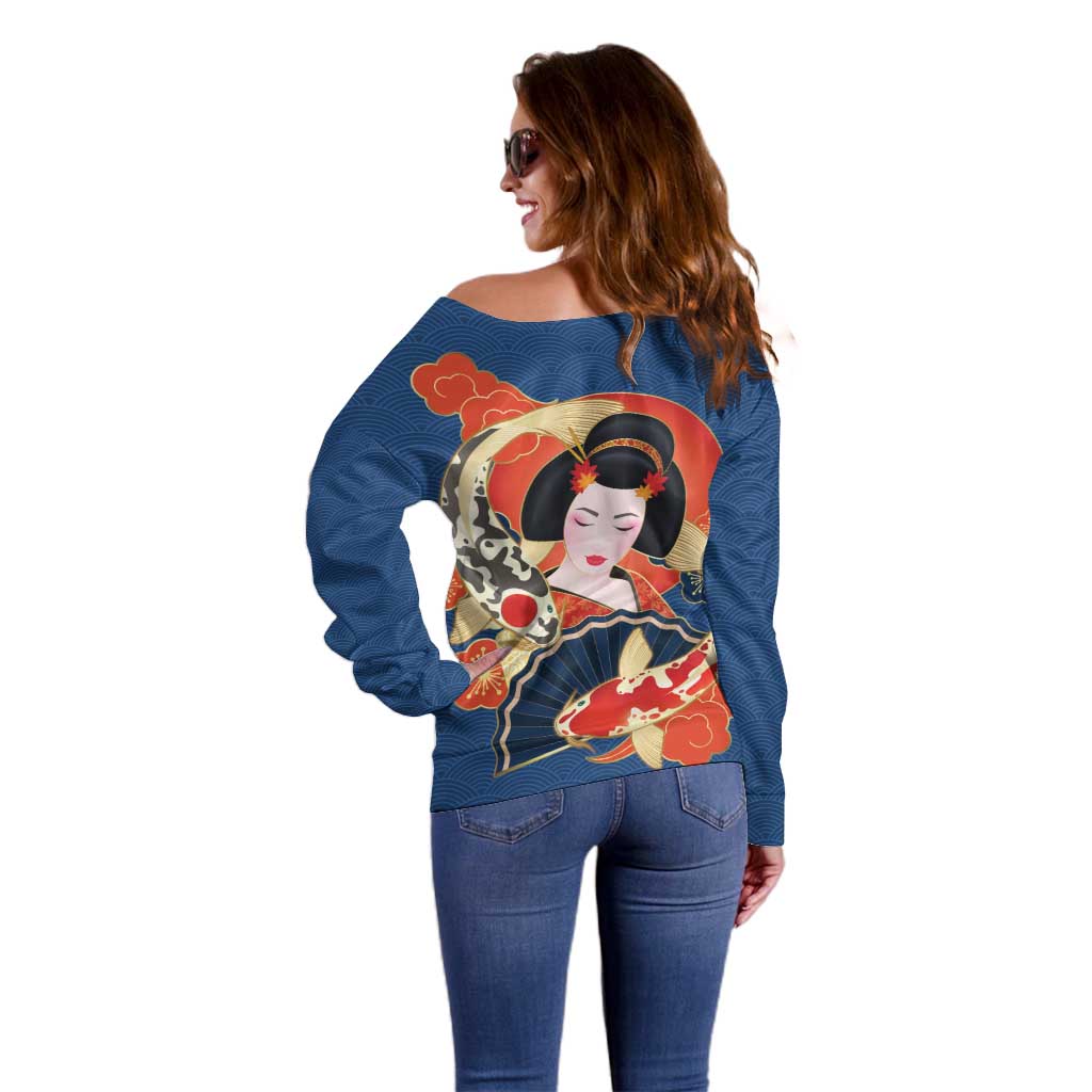 Japanese Geisha Koi Fish Off Shoulder Sweater Cherry Blossoms Blue Seigaiha Pattern LT14 - Polynesian Pride