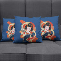 Japanese Geisha Koi Fish Pillow Cover Cherry Blossoms Blue Seigaiha Pattern - Polynesian Pride