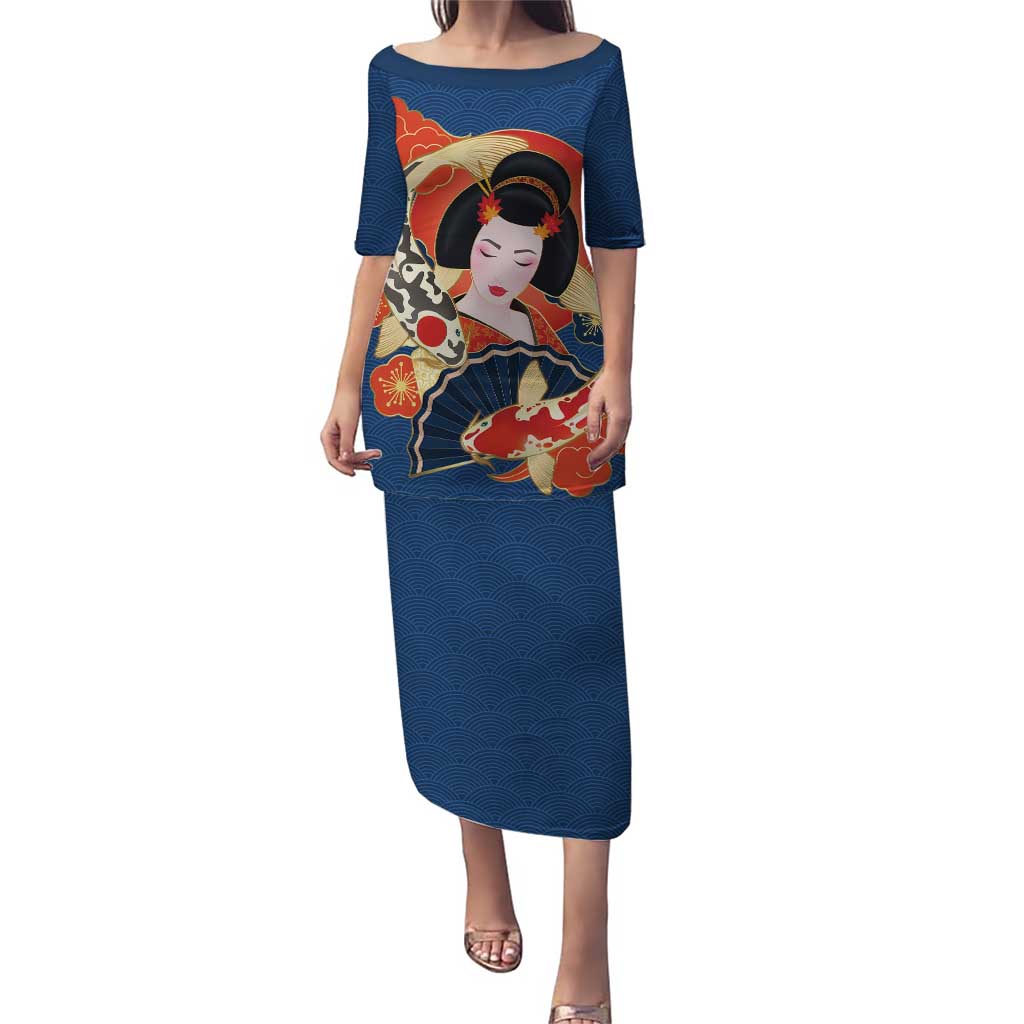 Japanese Geisha Koi Fish Puletasi Cherry Blossoms Blue Seigaiha Pattern - Polynesian Pride