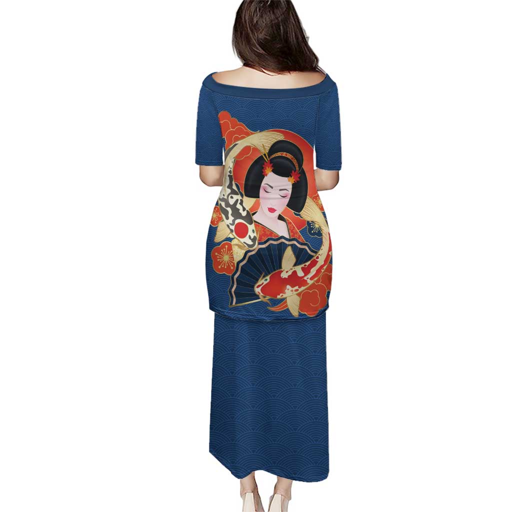 Japanese Geisha Koi Fish Puletasi Cherry Blossoms Blue Seigaiha Pattern - Polynesian Pride