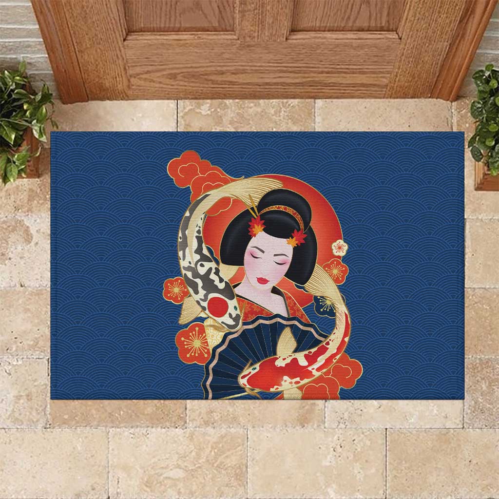 Japanese Geisha Koi Fish Rubber Doormat Cherry Blossoms Blue Seigaiha Pattern LT14 Blue - Polynesian Pride