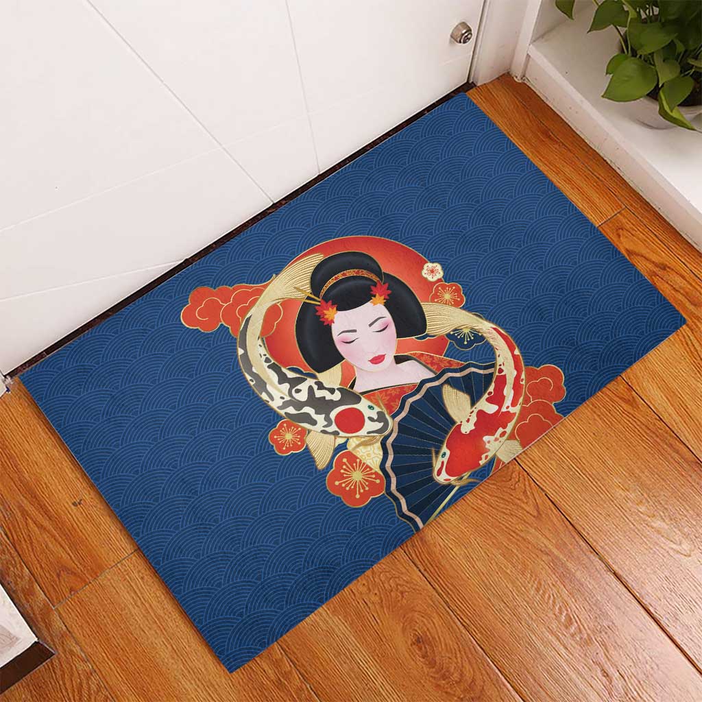 Japanese Geisha Koi Fish Rubber Doormat Cherry Blossoms Blue Seigaiha Pattern LT14 - Polynesian Pride