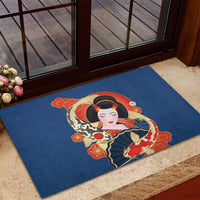 Japanese Geisha Koi Fish Rubber Doormat Cherry Blossoms Blue Seigaiha Pattern LT14 - Polynesian Pride