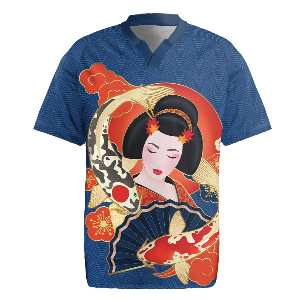 Japanese Geisha Koi Fish Rugby Jersey Cherry Blossoms Blue Seigaiha Pattern - Polynesian Pride