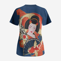 Japanese Geisha Koi Fish Scrub Top Cherry Blossoms Blue Seigaiha Pattern LT14 - Polynesian Pride
