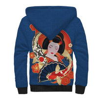 Japanese Geisha Koi Fish Sherpa Hoodie Cherry Blossoms Blue Seigaiha Pattern LT14 - Polynesian Pride