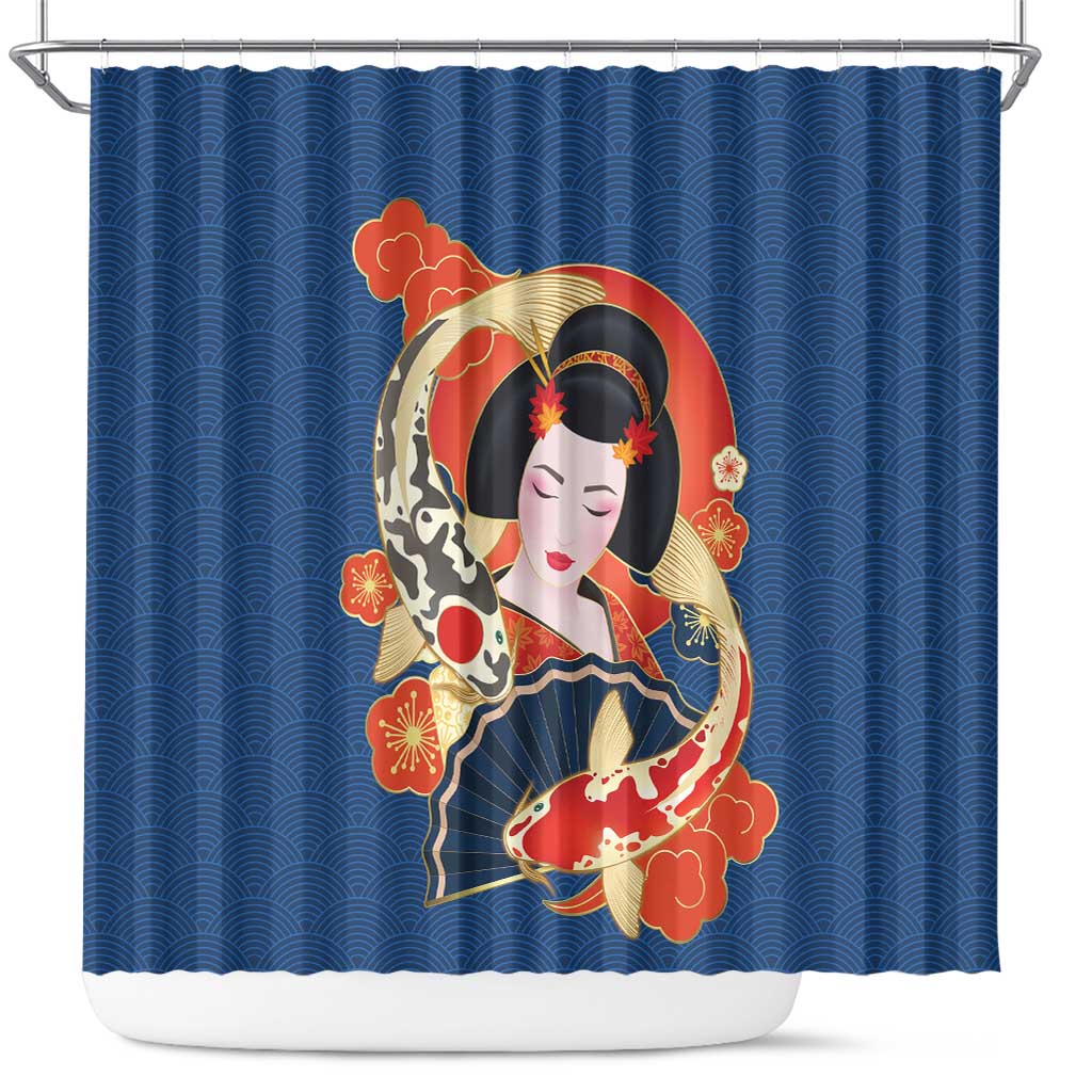 Japanese Geisha Koi Fish Shower Curtain Cherry Blossoms Blue Seigaiha Pattern LT14 Blue - Polynesian Pride