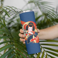 Japanese Geisha Koi Fish Skinny Tumbler Cherry Blossoms Blue Seigaiha Pattern - Polynesian Pride