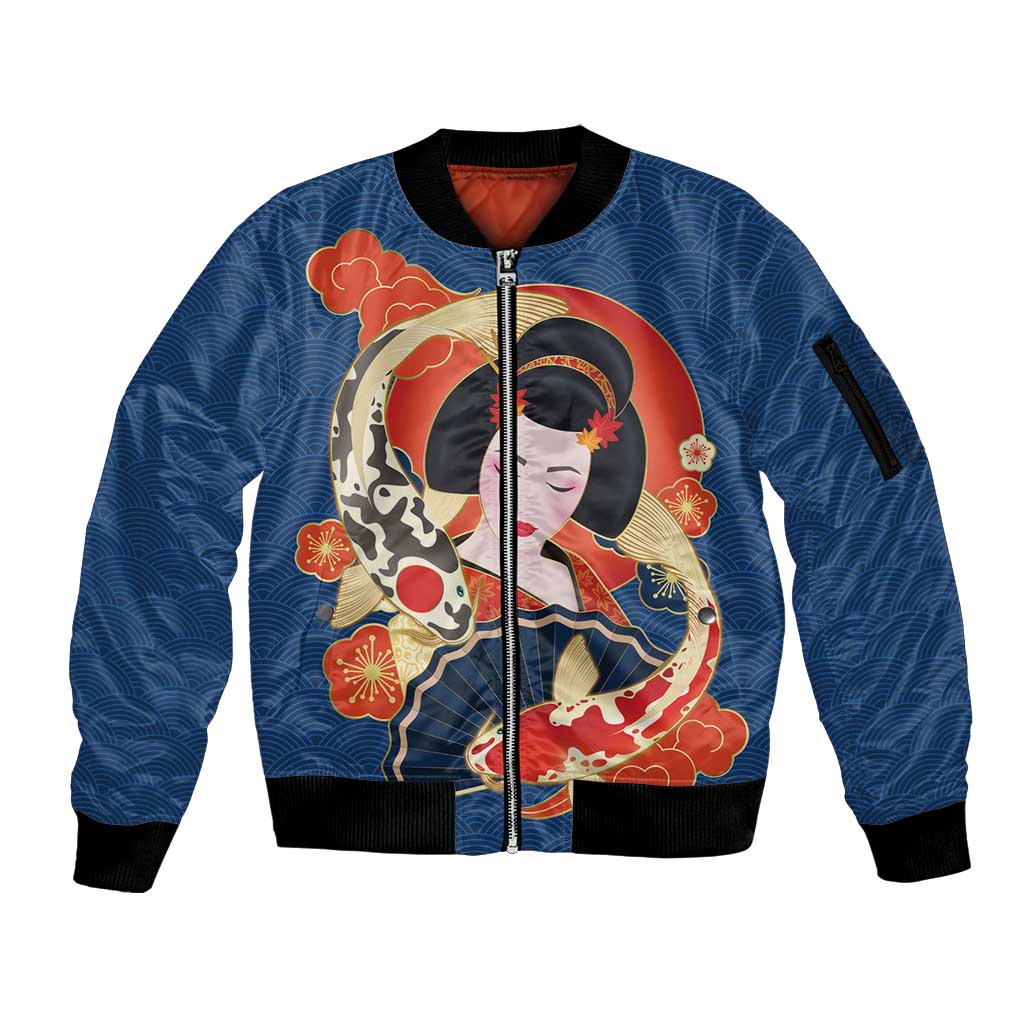 Japanese Geisha Koi Fish Sleeve Zip Bomber Jacket Cherry Blossoms Blue Seigaiha Pattern LT14 Unisex Blue - Polynesian Pride