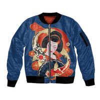 Japanese Geisha Koi Fish Sleeve Zip Bomber Jacket Cherry Blossoms Blue Seigaiha Pattern LT14 Unisex Blue - Polynesian Pride