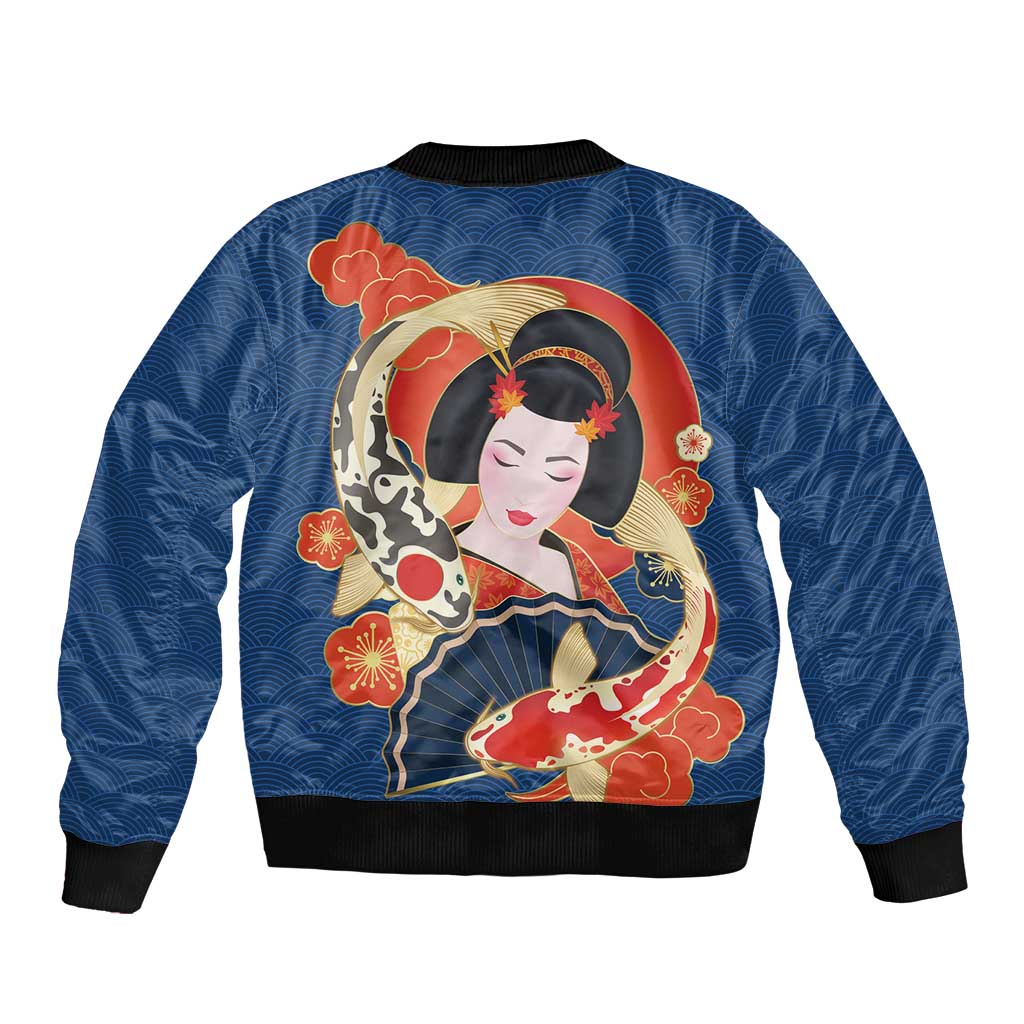 Japanese Geisha Koi Fish Sleeve Zip Bomber Jacket Cherry Blossoms Blue Seigaiha Pattern LT14 - Polynesian Pride