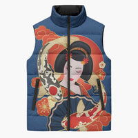 Japanese Geisha Koi Fish Sleeveless Puffer Jacket Cherry Blossoms Blue Seigaiha Pattern - Polynesian Pride