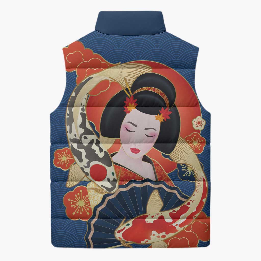 Japanese Geisha Koi Fish Sleeveless Puffer Jacket Cherry Blossoms Blue Seigaiha Pattern - Polynesian Pride