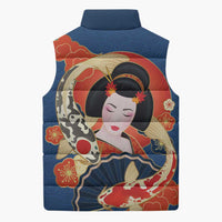 Japanese Geisha Koi Fish Sleeveless Puffer Jacket Cherry Blossoms Blue Seigaiha Pattern - Polynesian Pride