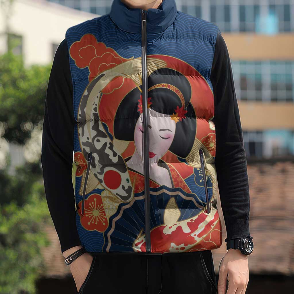 Japanese Geisha Koi Fish Sleeveless Puffer Jacket Cherry Blossoms Blue Seigaiha Pattern - Polynesian Pride