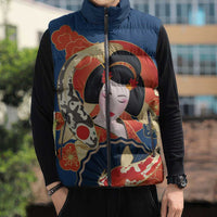 Japanese Geisha Koi Fish Sleeveless Puffer Jacket Cherry Blossoms Blue Seigaiha Pattern - Polynesian Pride